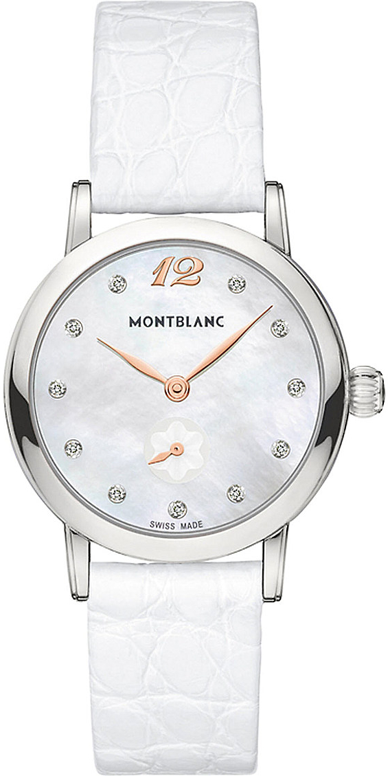 Montblanc Star 110304 Montblanc Star 110304Наручные часы<br>Швейцарские часы Montblanc Star 110304Элегантный облик часов Star Classique Lady подчеркивается женственным перламутровым циферблатом с бриллиантовыми метками и характерной арабской цифрой 12. Индикатор малой секундной стрелки украшен гильошированным узором в виде эмблемы Montblanc. Высокоточный кварцевый механизм заключен в исключительно тонкий 30-мм корпус с филигранно исполненными ушками и эргономично изогнутой задней крышкой.<br><br>Пол: Женские<br>Страна-производитель: Швейцария<br>Механизм: Кварцевый<br>Материал корпуса: Сталь<br>Материал ремня/браслета: Кожа<br>Водозащита, диапазон: 20 - 100 м<br>Стекло: Сапфировое<br>Толщина корпуса: 7.36 мм<br>Стиль: Классика