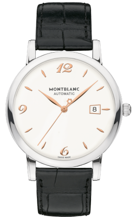 Montblanc Star 110717 Montblanc Star 110717Наручные часы<br>Швейцарские часы Montblanc Star Classique 110717Тонкий корпус и хорошо узнаваемый дизайн Star Classique со стрелками и цифрами с напылением розового золота подчеркивают эелегантный облик часов Star Classique Date Automatic. Максимально акцентирующий функции часов дизайн с индикатором даты и центральной секундной стрелкой. Высокоточный механизм заключен в элегантный 39-мм корпус с филигранно исполненными ушками и эргономично изогнутой задней крышкой. Выпуклое сапфировое стекло с двойным антибликовым покрытием. Механизм - Montblanc MB 24.09 - механический с автоподзаводом, 28800 полуколебаний/час, 25 камней, около 42 часов запас хода. Диаметр корпуса - 39 мм. Водозащита - 30 метров.<br><br>Пол: Мужские<br>Страна-производитель: Швейцария<br>Механизм: Механический<br>Материал корпуса: Сталь<br>Материал ремня/браслета: Кожа<br>Водозащита, диапазон: 20 - 100 м<br>Стекло: Сапфировое<br>Толщина корпуса: 8,9 мм<br>Стиль: Классика