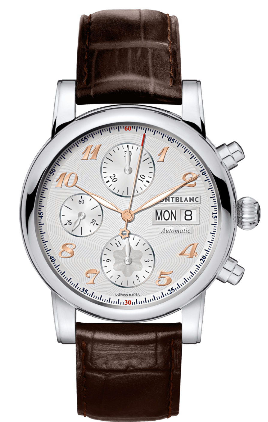Montblanc Heritage 113847 Montblanc Heritage 113847Наручные часы<br>Швейцарские часы Montblanc Star Traditional Chronograph Automatic, Серия Carpe Diem 113847Часы Montblanc Star Traditional Chronograph Automatic серии Carpe Diem напоминают о призыве жить сегодняшним днем, прозвучавшем в оде К Левконое знаменитого римского поэта Горация: в переводе с латыни Carpe Diem буквально означает Лови день. Драгоценный характер каждого момента подчеркивают стрелки и цифры с напылением розового золота. Два крупных счетчика хронографа – на 30 минут и 12 часов – ориентированы строго по вертикали, визуально продолжая линию ремешка. Они контрастно сочетаются с лаконичным указателем маленькой секундной стрелки в положении 9 часов, размеченным 10-секундными метками. Композицию довершает центральная стрелка хронографа с красным наконечником и перфорированной эмблемой Montblanc на другом конце. Выпуклое сапфировое стекло с двойным антибликовым покрытием. Механизм - Montblanc MB 25.01 - механический с автоподзаводом, 28800 полуколебаний/час, 25 камней, около 42 часов запас хода. Диаметр корпуса - 40 мм. Водозащита - 30 метров.<br><br>Пол: Мужские<br>Страна-производитель: Швейцария<br>Механизм: Механический<br>Материал корпуса: Сталь<br>Материал ремня/браслета: Кожа<br>Водозащита, диапазон: 20 - 100 м<br>Стекло: Сапфировое<br>Толщина корпуса: 13,95 мм<br>Стиль: Классика