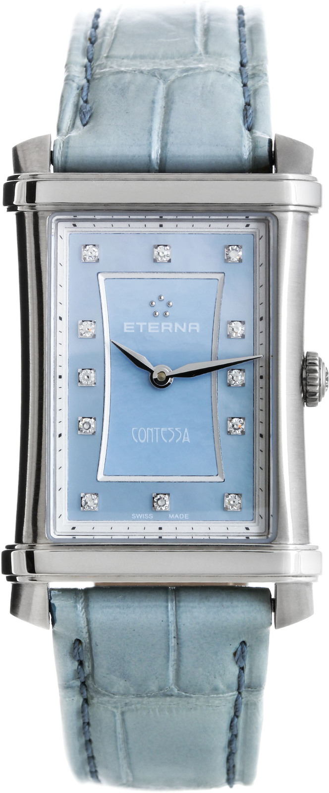 Eterna Contessa Two-Hands 2410.41.87.1222 Eterna Contessa Two-Hands 2410.41.87.1222Наручные часы<br>Швейцарские часы Eterna Contessa Two-Hands 2410.41.87.1222Часы принадежат коллекции Contessa Two-Hands. Это великолепные женские часы. Материал корпуса часов — сталь. В этих часах используется сапфировое стекло. Водозащита этих часов 50 м. Основной цвет циферблата голубой. Размер данной модели 25х33мм. При создании этих часов использованы натуральные бриллианты.<br><br>Пол: Женские<br>Страна-производитель: Швейцария<br>Механизм: Кварцевый<br>Материал корпуса: Сталь<br>Материал ремня/браслета: Кожа<br>Водозащита, диапазон: 20 - 100 м<br>Стекло: Сапфировое<br>Толщина корпуса: None<br>Стиль: Классика