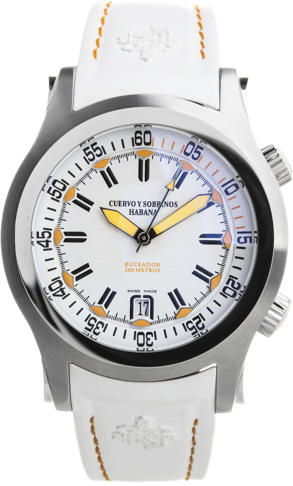 Cuervo y Sobrinos 2806.1BA Cuervo y Sobrinos 2806.1BAНаручные часы<br>Швейцарские часы Cuervo y Sobrinos Robusto Buceador 2806.1BAПредставленная модель входит в коллекцию Robusto. Это мужские часы. Материал корпуса — нержавеющая сталь. Ремень — кожа. В этой модели стоит сапфировое стекло. Водозащита - 200 м. Цвет циферблата - белый. Механизм - CYS 5102 (ETA 2824-2/ SW 200-1) - механический с системой автоматического подзавода, 28 800 полуколебвний/час, 21 / 26 камней, запас хода - 38 часов. Диаметр корпуса модели - 43 мм.<br><br>Пол: Unisex<br>Страна-производитель: Швейцария<br>Механизм: Механический<br>Материал корпуса: Сталь<br>Материал ремня/браслета: Кожа<br>Водозащита, диапазон: 200 - 800 м<br>Стекло: Сапфировое<br>Толщина корпуса: 16,4 мм<br>Стиль: Спорт