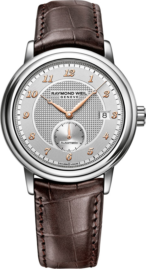 Raymond Weil Maestro 2838-SL5-05658 Raymond Weil Maestro 2838-SL5-05658Наручные часы<br>Швейцарские часы Raymond Weil Maestro 2838-SL5-05658Часы принадежат коллекции Maestro. Это настоящие мужские часы. Материал корпуса часов — сталь. В этих часах используется сапфировое стекло. Часы выдерживают давление на глубине 50 м.<br><br>Пол: Мужские<br>Страна-производитель: Швейцария<br>Механизм: Механический<br>Материал корпуса: Сталь<br>Материал ремня/браслета: Кожа<br>Водозащита, диапазон: 20 - 100 м<br>Стекло: Сапфировое<br>Толщина корпуса: 9,95 мм<br>Стиль: None