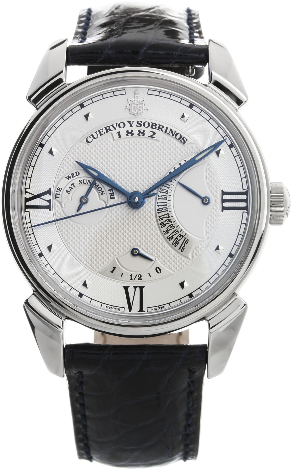Cuervo y Sobrinos Historiador 3194.1A Cuervo y Sobrinos Historiador 3194.1AНаручные часы<br>Швейцарские часы Cuervo y Sobrinos Historiador Retrogrado 3194.1AПредставленная модель входит в коллекцию Historiador. Это мужские часы. Материал корпуса — нержавеющая сталь. Ремень — кожа. В этой модели стоит сапфировое стекло. Водозащита - 30 м. Цвет циферблата - кремовый. Механизм - CYS 6330 (9094/2892-А2) - механический с системой автоматического подзавода, 28 800 полуколебвний/час, 30 камней, запас хода - 42 часа ретроградный указатель даты, указатель запаса хода. Диаметр корпуса модели - 40 мм.<br><br>Пол: Мужские<br>Страна-производитель: Швейцария<br>Механизм: Механический<br>Материал корпуса: Сталь<br>Материал ремня/браслета: Кожа<br>Водозащита, диапазон: 20 - 100 м<br>Стекло: Сапфировое<br>Толщина корпуса: 11,25 мм<br>Стиль: Классика