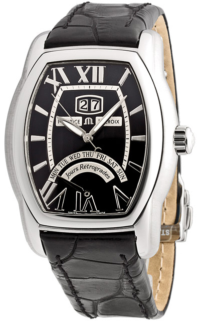Maurice Lacroix Masterpiece MP6119-SS001-31E Maurice Lacroix Masterpiece MP6119-SS001-31EНаручные часы<br>Швейцарские часы Maurice Lacroix Masterpiece MP6119-SS001-31EЧасы принадежат коллекции Masterpiece. Это великолепные Мужские часы. Материал корпуса часов — Сталь. Ремень — Кожа. Циферблат часов защищает Сапфировое стекло. Часы выдерживают давление на глубине 50 м. Цвет циферблата - Черный. Циферблат модели содержит часы, минуты, секунды. В этих часах используются такие усложнения как дата, день недели, . Размер данной модели 39х41,5мм.<br><br>Пол: Мужские<br>Страна-производитель: Швейцария<br>Механизм: Механический<br>Материал корпуса: Сталь<br>Материал ремня/браслета: Кожа<br>Водозащита, диапазон: 20 - 100 м<br>Стекло: Сапфировое<br>Толщина корпуса: None<br>Стиль: Классика