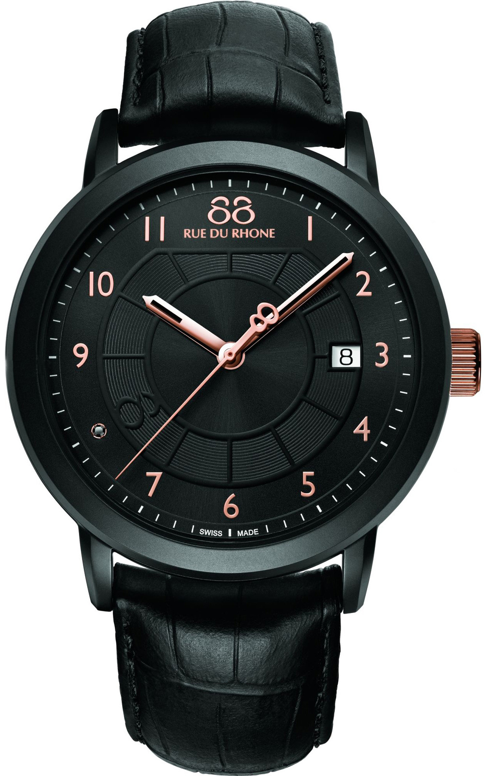88 Rue Du Rhone Double 8 Origin 87WA130018 88 Rue Du Rhone Double 8 Origin 87WA130018Наручные часы<br>Швейцарские часы 88 Rue Du Rhone Double 8 Origin 87WA130018Данная модель — яркий представитель коллекции Double 8 Origin. Это модные мужские часы. Материал корпуса часов — сталь. Стекло - сапфировое. Водозащита этой модели 50 м. Цвет циферблата - черный. Циферблат часов содержит часы, минуты, секунды. В данной модели используются следующие усложнения: дата, . Диаметр корпуса часов составляет 45мм.<br><br>Пол: Мужские<br>Страна-производитель: None<br>Механизм: Кварцевый<br>Материал корпуса: Сталь<br>Материал ремня/браслета: Кожа<br>Водозащита, диапазон: None<br>Стекло: Сапфировое<br>Толщина корпуса: 11,7 мм<br>Стиль: Классика