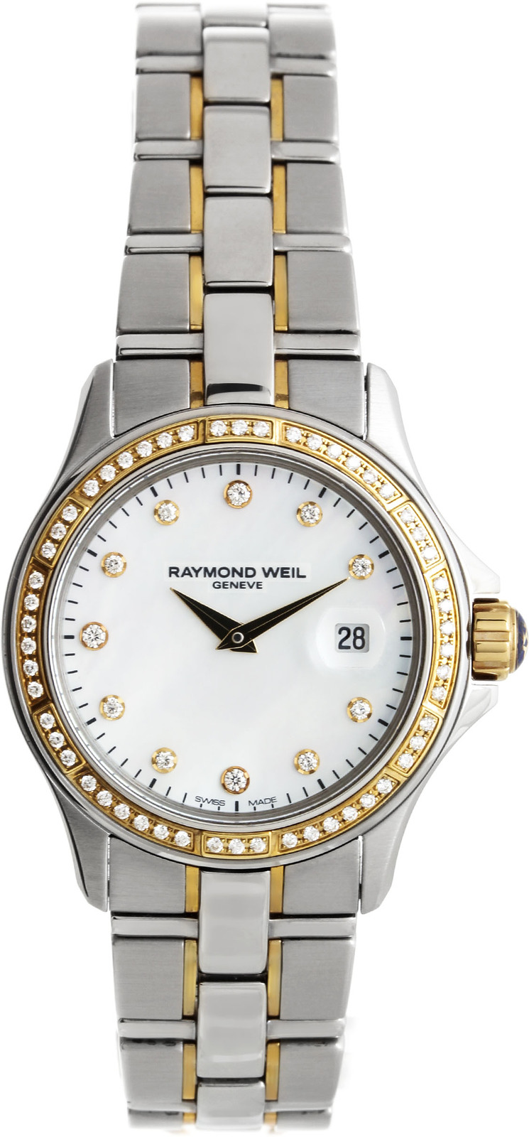 Raymond Weil Parsifal 9460-SGS-97081 Raymond Weil Parsifal 9460-SGS-97081Наручные часы<br>Швейцарские часы Raymond Weil Parsifal 9460-SGS-97081Модель входит в коллекцию Parsifal. Это женские часы. Материал корпуса часов — сталь+золото . В этой модели стоит сапфировое стекло. Водозащита этих часов 100 м. Цвет циферблата - белый. Корпус часов в диаметре 28мм. Данная модель украшена бриллиантами.<br><br>Пол: Женские<br>Страна-производитель: Швейцария<br>Механизм: Кварцевый<br>Материал корпуса: Сталь+золото<br>Материал ремня/браслета: Сталь+золото<br>Водозащита, диапазон: 100 - 150 м<br>Стекло: Сапфировое<br>Толщина корпуса: None<br>Стиль: Классика