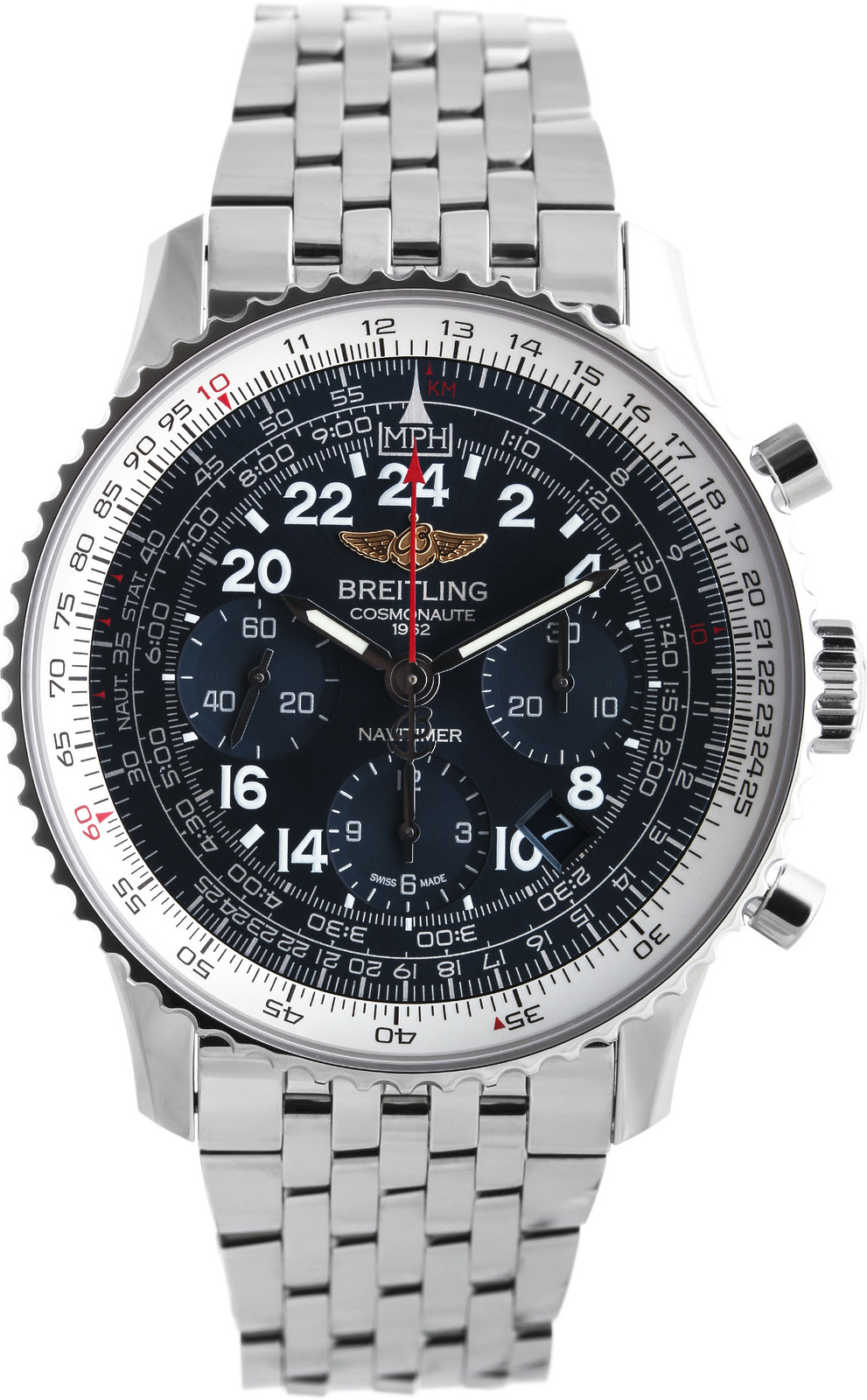 Breitling Navitimer AB0210B4/C917/447A Breitling Navitimer AB0210B4/C917/447AНаручные часы<br>Швейцарские часы Breitling Navitimer Cosmonaute AB0210B4/C917/447A24 мая 1962 года Скотт Карпентер в корабле «Аврора 7» сделал три витка вокруг Земли. На запястье у него были часы Navitimer с 24-часовым циферблатом – жизненная необходимость, когда вам требуется отличать день от ночи. Так они стали первым наручным хронографом, побывавшим в космосе. Часы входят в коллекцию Navitimer Cosmonaute - единственные в своем роде, модель распознаётся сразу же благодаря вращающемуся в двух направлениях безелю с храповым механизмом, который даёт возможность легко воспользоваться знаменитой круглой логарифмической линейкой для авиаторов. Механизм - Breitling B02 - второй из семейства мануфактурных (собственного производства) механизмов компании Breitling, ручной подзавод и 24-часовая индикация времени – два знака уважения к оригинальному хронографу 1962 года, 28800 полуколебаний/час, 39 камней, сертифицированный хронометр C.O.S.C., быстрая корректировка даты, запас хода до 70 часов. Сапфировое стекло с двойным антибликовым покрытием. Водозащита - 30 м. Браслет - сталь. Диаметр корпуса 43 мм.<br><br>Для кого?: Мужские<br>Страна-производитель: Швейцария<br>Механизм: Механический<br>Материал корпуса: Сталь<br>Материал ремня/браслета: Сталь<br>Водозащита, диапазон: 20 - 100 м<br>Стекло: Сапфировое<br>Толщина корпуса: 13,85 мм<br>Стиль: Классика