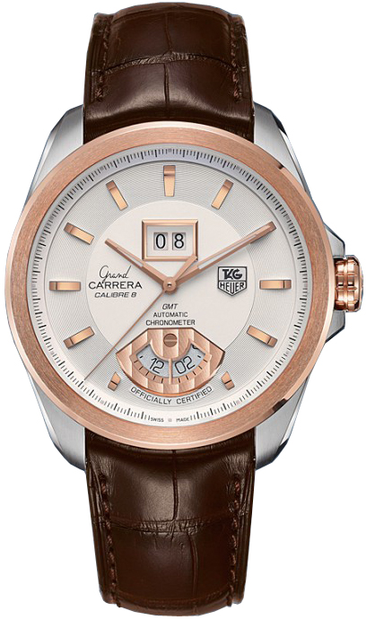 TAG Heuer WAV5152.FC6231 TAG Heuer WAV5152.FC6231Наручные часы<br>Швейцарские часы TAG Heuer Grand Carrera Calibre 8 RS Grand Date and GMTЧасы из коллекции GRAND CARRERA. Это стильные мужские часы, оснащенные эксклюзивной системой индикации Rotating System. Система отображения показаний Grand Carrera Rotating System, заменяет традиционные стрелки дисковыми указателями, выполненными в стиле индикаторов на приборной панеле автомобиля. В модели Grand CARRERA Calibre 8 система вращающихся дисков в положении «6 часов» обеспечивает индикацию времени второго часового пояса, в положении «12 часов» расположено большое окошко даты. Механизм — TAG Heuer Calibre 8 RS - хронометр C.O.S.C., механический с системой автоматического подзавода, 28800 полуколебаний в час, 21 камень, запас хода до 42 часов. Материал корпуса часов — нержавеющая сталь с безелем из розового золота 18K. Ремень — Кожа аллигатора. В этих часах используется сапфировое стекло. Водозащита - 100 м. Диаметр корпуса модели 42,5 мм.<br><br>Для кого?: Мужские<br>Страна-производитель: Швейцария<br>Механизм: Механический<br>Материал корпуса: Сталь+Золото<br>Материал ремня/браслета: Кожа<br>Водозащита, диапазон: 100 - 150 м<br>Стекло: Сапфировое<br>Толщина корпуса/: <br>Стиль/: