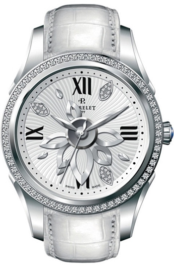 Perrelet Diamond Flower A2066/1 Perrelet Diamond Flower A2066/1Наручные часы<br>Швейцарские часы Perrelet Diamond Flower A2066/1 Новые часы New Diamond Flower в 36.5 мм. корпусе привлекают внимание изысканным дизайном циферблата: на фоне гильошированного узора «солнечные лучи» размещаются 4 римские цифры и 6 индексов в форме лепестков, три из которых украшены бриллиантами. Ремень из крокодиловой кожи. Циферблат белый, римские цифры и часовые метки в форме лепестков, 88 бриллиантов (1,02К). Корпус из нержавеющей стали. Механизм - P 181 - механика с автоподзаводом, 28800 полуколебаний/час, 22 камней, запас хода 42 часа. Циферблат защищает сапфировое стекло с двусторонним антибликовым покрытием. Водозащита - 50 м.<br><br>Пол: Женские<br>Страна-производитель: Швейцария<br>Механизм: Механический<br>Материал корпуса: Сталь<br>Материал ремня/браслета: Кожа<br>Водозащита, диапазон: 20 - 100 м<br>Стекло: Сапфировое<br>Толщина корпуса: 12, 30 мм<br>Стиль: Классика