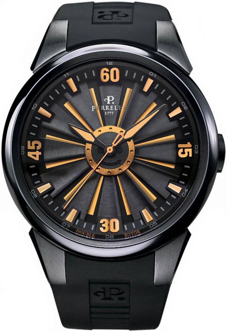 Perrelet Turbine A8008/1 Perrelet Turbine A8008/1Наручные часы<br>Швейцарские часы Perrelet TURBINE Limited Edition A8008/1Коллекционная модель - 888 экземпляров. Вдохновленные эстетикой аэронавтики, в 2009 году инженеры и дизайнеры PERRELET создают новую модификацию запатентованной технологии двойного ротора - турбину с 12 алюминиевыми лопастамя, покрывающими весь циферблат и скользящими под внутренним безелем. Расположенные на нижнем циферблате полосы усиливают потрясающий эффект. Турбина не связана с инерционным грузом, благодаря чему развивается удивительная скорость вращения. Данная модель входит в коллекцию TURBINE. Это модные спортивные мужские часы. Корпус часов вогнутой формы - стальной с черным PVD покрытием, интегрированная заводная головка. Механизм - P 331 - механика с автоподзаводом, 28800 полуколебаний/час, 25 камней, запас хода 42 часа. Циферблат защищает сапфировое стекло с двусторонним антибликовым покрытием. Водозащита - 50 м. Ремень - черный каучук. Диаметр корпуса - 44 мм.<br><br>Пол: Мужские<br>Страна-производитель: Швейцария<br>Механизм: Механический<br>Материал корпуса: Сталь<br>Материал ремня/браслета: Каучук<br>Водозащита, диапазон: 30 - 60 м<br>Стекло: Сапфировое<br>Толщина корпуса: 13 мм<br>Стиль: Классика