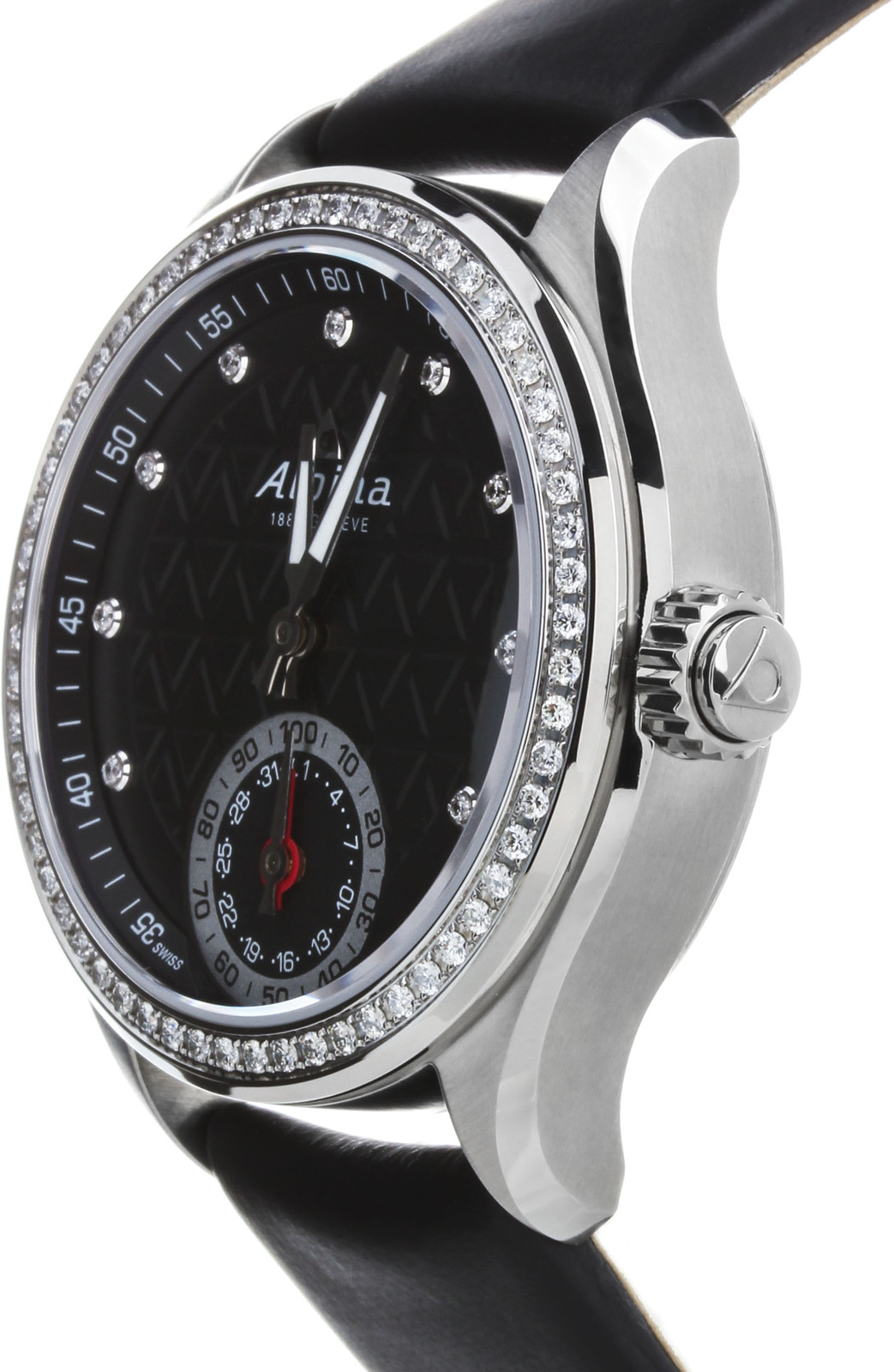 Alpina AL-285BTD3CD6 Alpina AL-285BTD3CD6Наручные часы<br>Швейцарские смарт часы Alpina Ladies Horological Smartwatch AL-285BTD3CD6. Безель и циферблат украшены 69 бриллиантами 0,78К. Синхронизация со смартфоном. Приложения iOS и Android в виде простых и удобных графиков отображают информацию о том, сколько времени человек затратил на сон и активную деятельность на протяжении дня, недели и месяца. Красная стрелка на индикаторе у 6-часовой отметки днем показывает дату, а ночью, когда вы спите, останавливается у изображения луны. Стальная стрелка индикатора демонстрирует уровень вашей физической активности или заданный режим сна. Часы поддерживают следующие функции:-Контроль физической активности MotionX.-Ррезервное копирование и восстановление результатов.-Контроль сна Sleeptracker.-Будильник по фазам сна.-Извещения Get-Active и «умный» тренер.<br><br>Пол: Женские<br>Страна-производитель: Швейцария<br>Механизм: Кварцевый<br>Материал корпуса: Сталь<br>Материал ремня/браслета: Кожа+текстиль<br>Водозащита, диапазон: 20 - 100 м<br>Стекло: Сапфировое<br>Толщина корпуса: None<br>Стиль: Классика