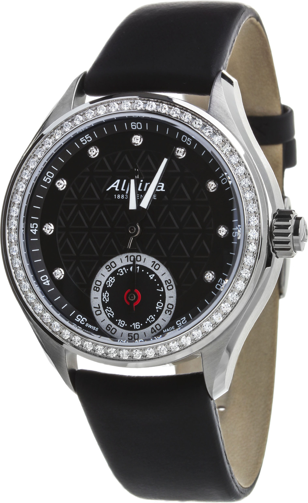 Alpina AL-285BTD3CD6 Alpina AL-285BTD3CD6Наручные часы<br>Швейцарские смарт часы Alpina Ladies Horological Smartwatch AL-285BTD3CD6. Безель и циферблат украшены 69 бриллиантами 0,78К. Синхронизация со смартфоном. Приложения iOS и Android в виде простых и удобных графиков отображают информацию о том, сколько времени человек затратил на сон и активную деятельность на протяжении дня, недели и месяца. Красная стрелка на индикаторе у 6-часовой отметки днем показывает дату, а ночью, когда вы спите, останавливается у изображения луны. Стальная стрелка индикатора демонстрирует уровень вашей физической активности или заданный режим сна.Часы поддерживают следующие функции:-Контроль физической активности MotionX.-Ррезервное копирование и восстановление результатов.-Контроль сна Sleeptracker.-Будильник по фазам сна.-Извещения Get-Active и «умный» тренер.<br><br>Пол: Женские<br>Страна-производитель: Швейцария<br>Механизм: Кварцевый<br>Материал корпуса: Сталь<br>Материал ремня/браслета: Кожа+текстиль<br>Водозащита, диапазон: 20 - 100 м<br>Стекло: Сапфировое<br>Толщина корпуса: None<br>Стиль: Классика