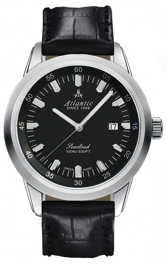 Atlantic Seacloud 73360.41.61R Atlantic Seacloud 73360.41.61RНаручные часы<br>Швейцарские часы Atlantic Seacloud 73360.41.61RМодель входит в коллекцию Seacloud. Это настоящие мужские часы. Материал корпуса часов — сталь. В этих часах используется сапфировое стекло. Водозащита этих часов 100 м. Цвет циферблата - черный. Циферблат модели содержит часы, минуты, секунды. В данной модели используются следующие усложнения: дата, . Диаметр корпуса часов составляет 43мм.<br><br>Пол: Мужские<br>Страна-производитель: None<br>Механизм: Кварцевый<br>Материал корпуса: Сталь<br>Материал ремня/браслета: Кожа<br>Водозащита, диапазон: None<br>Стекло: Сапфировое<br>Толщина корпуса: 10<br>Стиль: Классика