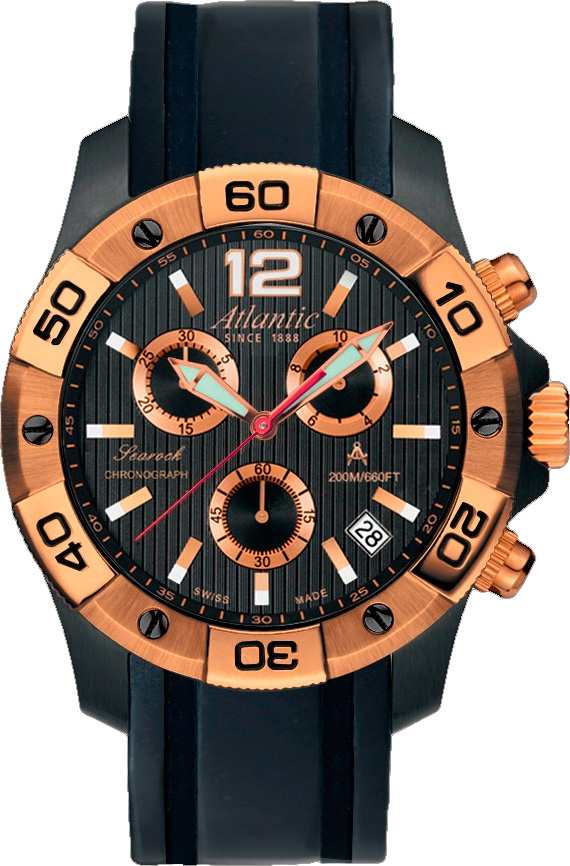 Atlantic Searock 87471.48.65RG Atlantic Searock 87471.48.65RGНаручные часы<br>Швейцарские часы Atlantic Searock 87471.48.65RGЧасы входят в модельный ряд коллекции Searock. Это стильные мужские часы. Материал корпуса часов — сталь+золото. В этих часах используется сапфировое стекло. Часы выдерживают давление на глубине 200 м. Основной цвет циферблата черный. Циферблат модели содержит часы, минуты, секунды. В этих часах используются такие усложнения как дата, хронограф. Диаметр корпуса данной модели 45мм.<br><br>Пол: Мужские<br>Страна-производитель: None<br>Механизм: Кварцевый<br>Материал корпуса: Сталь+золото<br>Материал ремня/браслета: Каучук<br>Водозащита, диапазон: None<br>Стекло: Сапфировое<br>Толщина корпуса: 10<br>Стиль: Спорт