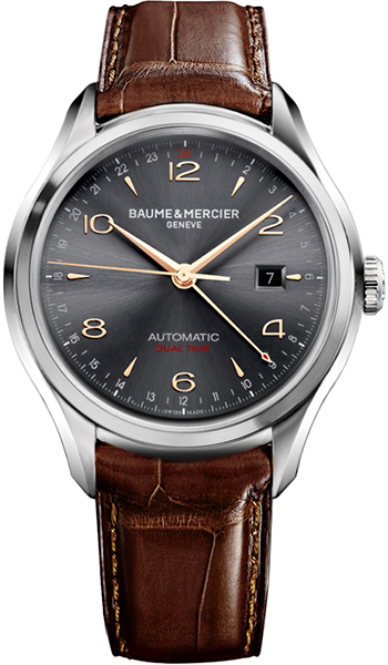 Baume&Mercier Clifton Dual Time MOA10111 Baume&Mercier Clifton Dual Time MOA10111Наручные часы<br>Швейцарские часы Baume&Mercier Clifton Dual Time MOA10111Часы входят в модельный ряд коллекции Clifton Dual Time. Это Мужские часы. Материал корпуса часов — Сталь. Ремень — Кожа. Стекло - Сапфировое. Водозащита этой модели 50 м. Цвет циферблата - Серые. Циферблат модели содержит часы, минуты, секунды. В этой модели используются такие усложнения как дата, второе поясное время, . Диаметр корпуса 43мм.<br><br>Пол: Мужские<br>Страна-производитель: Швейцария<br>Механизм: Механический<br>Материал корпуса: Сталь<br>Материал ремня/браслета: Кожа<br>Водозащита, диапазон: 20 - 100 м<br>Стекло: Сапфировое<br>Толщина корпуса: None<br>Стиль: None