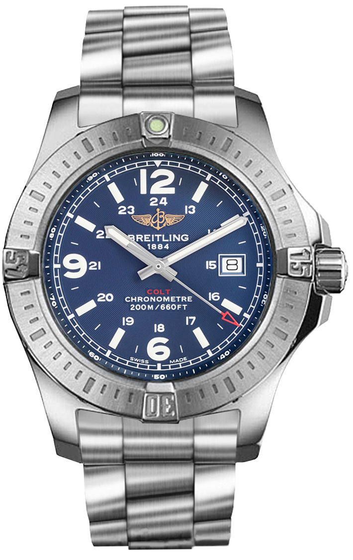 Breitling Colt 44 Quartz Caliber 74 A7438811/C907/173A Breitling Colt 44 Quartz Caliber 74 A7438811/C907/173AНаручные часы<br>Швейцарские часы Breitling Colt Quartz A7438811/C907/173AВ полированный стальной корпус Colt Quartz, оснащенный матовым безелем, установлен механизм Breitling SuperQuartz, являющийся вершиной электронных технологий, в десять раз более точный, чем стандартный кварцевый. Циферблат обеспечивает большую легкость восприятия, благодаря четырем большим часовым меткам и стрелкам, на которые нанесено люминесцентное покрытие. Прочная конструкция, завинчивающая головка подзавода и толстое сапфировое стекло (защищенное от бликов c обеих сторон) гарантируют водонепроницаемость до глубины в 200 метров. Механизм - Breitling 74 SuperQuartz, термокомпенсирующийся, кварцевый электронный, с быстрой сменой часового пояса, сертифицированный хронометр C.O.S.C. Браслет - сталь. Диаметр корпуса - 44 мм.<br><br>Для кого?: Мужские<br>Страна-производитель: Швейцария<br>Механизм: Кварцевый<br>Материал корпуса: Сталь<br>Материал ремня/браслета: Сталь<br>Водозащита, диапазон: 200 - 800 м<br>Стекло: Сапфировое<br>Толщина корпуса: 11,25 мм<br>Стиль: Спорт