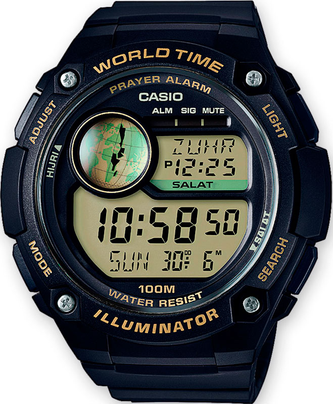 Casio CPA-100-9A Casio CPA-100-9AНаручные часы<br>Японские часы Casio CPA-100-9AХаляльные мусульманские часы Casio Prayer Alarm. Обладают необходимыми функциями для людей, исповедующих ислам.Casio Prayer Alarm. Расчет времени молитв Фаджр, Зухр, Аср, Магриб и Иша в зависимости от текущего часового пояса с возможностью установки 5 повторяющихся будильников на это времяКалендарь ХиджрыСветодиодная подсветка дисплеяОтображение текущего времени в основных городах и конкретных областях по всему мируСекундомер с точностью в 1/100 секунды с пределом измерения 24 часаТаймер с установкой от 1 секунды и до 100 часовВключение/выключение звука кнопокОтображение времени в 12-часовом или 24-часовом форматеКорпус из полимерного пластикаПрочный и гибкий ремешок из полимерного материалаВодонепроницаемость 100 м по стандарту ISO 2281Аккумулятор обеспечивает часы достаточным питанием на срок до семи лет<br><br>Пол: Мужские<br>Страна-производитель: Япония<br>Механизм: Кварцевый<br>Материал корпуса: Пластик<br>Материал ремня/браслета: Пластик<br>Водозащита, диапазон: None<br>Стекло: Пластиковое<br>Толщина корпуса: 15,8 мм<br>Стиль: None