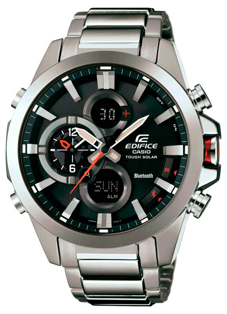 Casio Edifice ECB-500D-1A Casio Edifice ECB-500D-1AНаручные часы<br>Японские часы Casio Edifice ECB-500D-1A Синхронизация со смартфоном при помощи Bluetooth 4.0. Энергосберегающая технология позволяет получить доступ к различным функциям. Солнечная подзаряжающаяся батарейка обеспечивает питание часов. Точность хода +/- 15 сек в месяц. Мировое время: 40 временных зон, 40 городов. Функция установки летнего времени (on/off). Секундомер с точностью в 1/100 секунды. Пределы измерения достигают 24 часов. Таймер обратного отсчета с возможностью настройки от 1 минуты до 24 часов. 5 независимых будильников. Автоматический календарь до 2099 года. Авиарежим (часы переключаются в режим оффлайн нажатием кнопки. С помощью этой функции можно отключить радио- и GPS-приемник на время перелета). Функция поиска телефона (при нажатии кнопки на часах смартфон подает звуковой сигнал). Индикатор уровня заряда батарейки. Включение/выключение звука кнопок. Заранее установленные звуковые сигналы или таймеры обратного отчета остаются активными, если звук кнопок отключен. Для подсветки дисплея используется светодиод. Светящееся покрытие на стрелках и маркерах часа обеспечивает длительную подсветку в темное время суток после короткого воздействия света. Минеральное стекло. Корпус и браслет часов выполнены из нержавеющей стали. Предохранительная защелка на браслете, которая помогает предотвратить случайное расстегивание. Размер корпуса: 51,7x48,3x14,6 мм. Вес около 191 г. Тип батареи CTL1616.<br><br>Пол: Мужские<br>Страна-производитель: Япония<br>Механизм: Кварцевый<br>Материал корпуса: Сталь<br>Материал ремня/браслета: Сталь<br>Водозащита, диапазон: None<br>Стекло: Минеральное<br>Толщина корпуса: 14,60 мм<br>Стиль: None