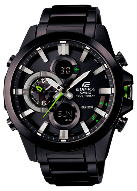 Casio Edifice ECB-500DC-1A Casio Edifice ECB-500DC-1AНаручные часы<br>Японские часы Casio Edifice ECB-500DC-1A Синхронизация со смартфоном при помощи Bluetooth 4.0. Энергосберегающая технология позволяет получить доступ к различным функциям. Солнечная подзаряжающаяся батарейка обеспечивает питание часов. Точность хода +/- 15 сек в месяц. Мировое время: 40 временных зон, 40 городов. Функция установки летнего времени (on/off). Секундомер с точностью в 1/100 секунды. Пределы измерения достигают 24 часов. Таймер обратного отсчета с возможностью настройки от 1 минуты до 24 часов. 5 независимых будильников. Автоматический календарь до 2099 года. Авиарежим (часы переключаются в режим оффлайн нажатием кнопки. С помощью этой функции можно отключить радио- и GPS-приемник на время перелета). Функция поиска телефона (при нажатии кнопки на часах смартфон подает звуковой сигнал). Индикатор уровня заряда батарейки. Включение/выключение звука кнопок. Заранее установленные звуковые сигналы или таймеры обратного отчета остаются активными, если звук кнопок отключен. Для подсветки дисплея используется светодиод. Светящееся покрытие на стрелках и маркерах часа обеспечивает длительную подсветку в темное время суток после короткого воздействия света. Минеральное стекло. Корпус и браслет часов выполнены из нержавеющей стали с полным покрытием черного цвета. Предохранительная защелка на браслете, которая помогает предотвратить случайное расстегивание. Размер корпуса: 51,7x48,3x14,6 мм. Вес около 191 г. Тип батареи CTL1616.<br><br>Пол: Мужские<br>Страна-производитель: Япония<br>Механизм: Кварцевый<br>Материал корпуса: Сталь<br>Материал ремня/браслета: Сталь<br>Водозащита, диапазон: None<br>Стекло: Минеральное<br>Толщина корпуса: 14,6 мм<br>Стиль: None