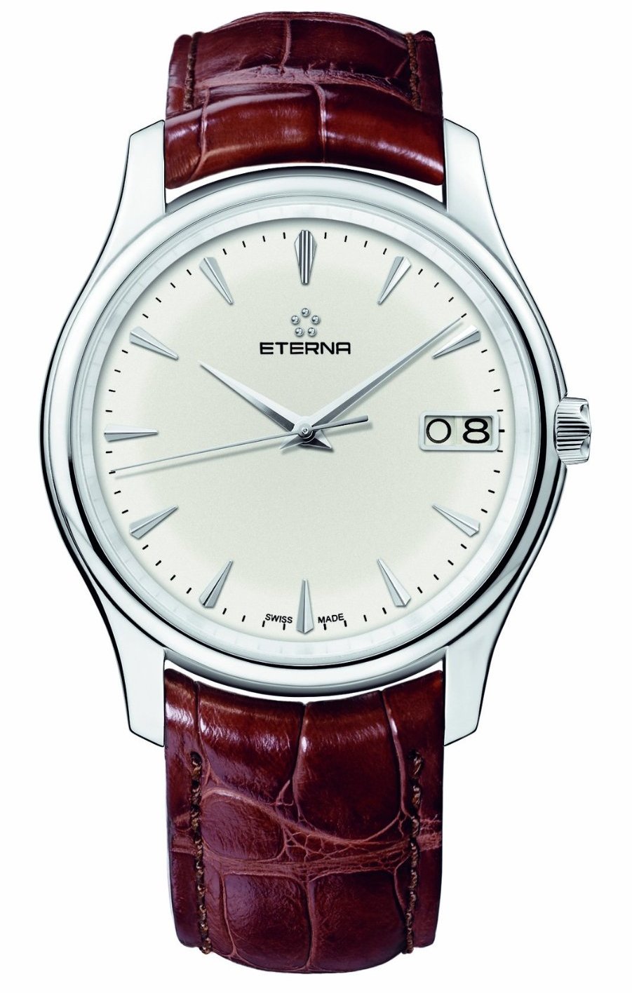 Eterna Vaughan Big Date 7630.41.61.1185 Eterna Vaughan Big Date 7630.41.61.1185Наручные часы<br>Швейцарские часы Eterna Vaughan Big Date 7630.41.61.1185Данная модель входит в коллекцию Vaughan Big Date. Это настоящие мужские часы. Материал корпуса часов — сталь. В этих часах используется сапфировое стекло. Часы этой модели обладают водозащитой 50 м. Цвет циферблата - белый. Корпус часов в диаметре 42мм.<br><br>Пол: Мужские<br>Страна-производитель: Швейцария<br>Механизм: Механический<br>Материал корпуса: Сталь<br>Материал ремня/браслета: Кожа<br>Водозащита, диапазон: 20 - 100 м<br>Стекло: Сапфировое<br>Толщина корпуса: None<br>Стиль: Классика