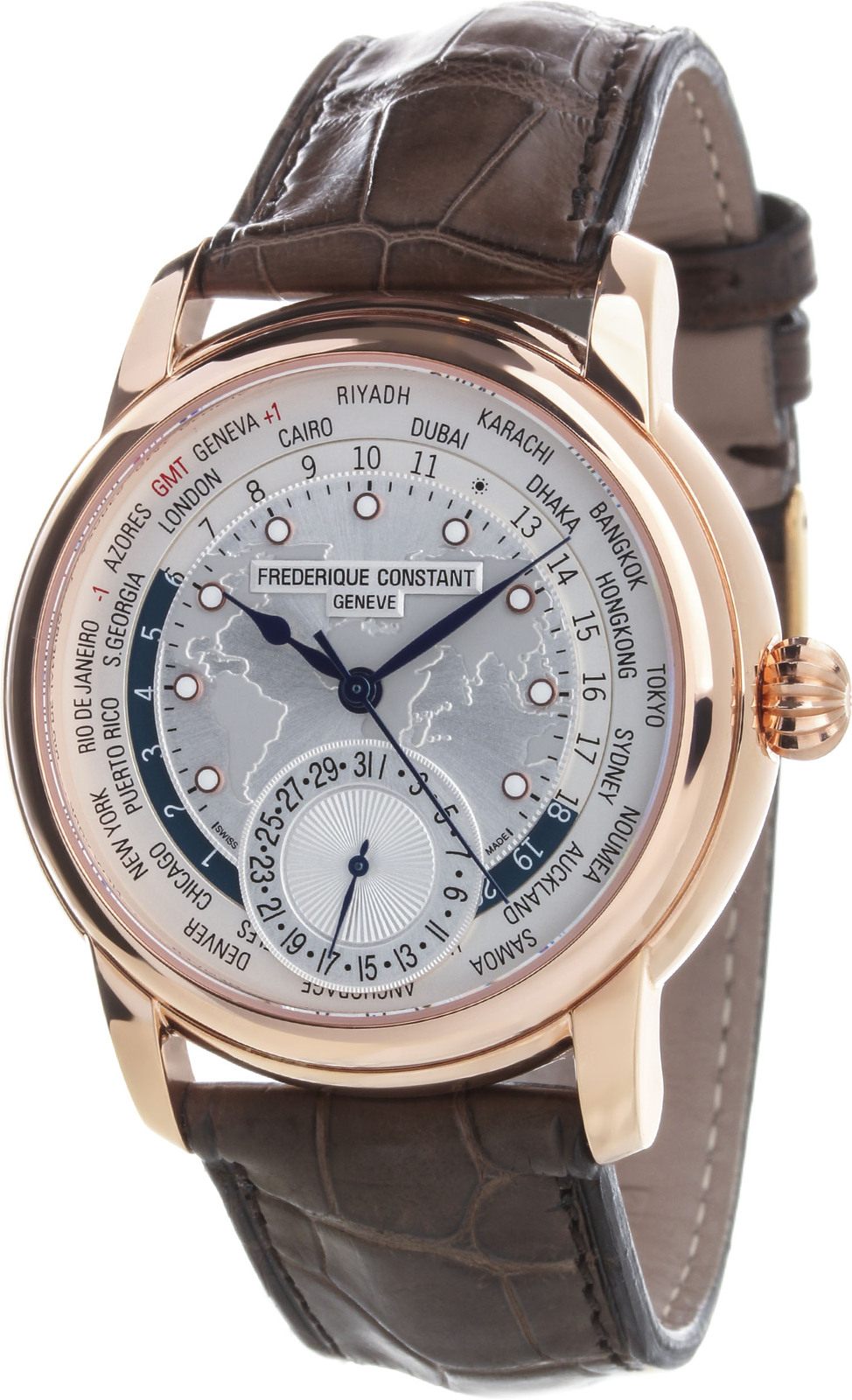 Frederique Constant Manufacture Worldtime FC-718WM4H4 Frederique Constant Manufacture Worldtime FC-718WM4H4Наручные часы<br>Швейцарские часы Frederique Constant Manufacture Worldtimer FC-718WM4H4Модель входит в коллекцию Manufacture Worldtimer. Это классические мужские часы с мануфактурным механизмом. Материал корпуса часов — сталь. В этих часах используется сапфировое стекло. Задняя крышка часов прозрачная. Водозащита составляет 50 м. В данной модели используются следующие усложнения: индикация даты дополнительной стрелкой, а также второе поясное время. Диаметр корпуса часов составляет 42мм.<br><br>Пол: Мужские<br>Страна-производитель: Швейцария<br>Механизм: Механический<br>Материал корпуса: Сталь<br>Материал ремня/браслета: Кожа<br>Водозащита, диапазон: 20 - 100 м<br>Стекло: Сапфировое<br>Толщина корпуса: 12 мм<br>Стиль: Классика