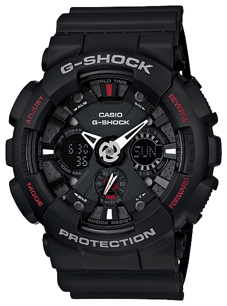 Casio G-shock GA-120-1A Casio G-shock GA-120-1AНаручные часы<br>Японские часы Casio G-shock GA-120-1AМодель входит в коллекцию G-shock. Это модные мужские часы. Материал корпуса часов — пластик. В этой модели стоит минеральное стекло. Водозащита - 200 м. Цвет циферблата - черный. Циферблат часов содержит часы, минуты. В этих часах используются такие усложнения как дата, день недели, сложный календарь, второе поясное время, будильник, . Диаметр корпуса данной модели 51х55мм.<br><br>Пол: Мужские<br>Страна-производитель: Япония<br>Механизм: Кварцевый<br>Материал корпуса: Пластик<br>Материал ремня/браслета: Каучук<br>Водозащита, диапазон: None<br>Стекло: Минеральное<br>Толщина корпуса: 16,9 мм<br>Стиль: Классика