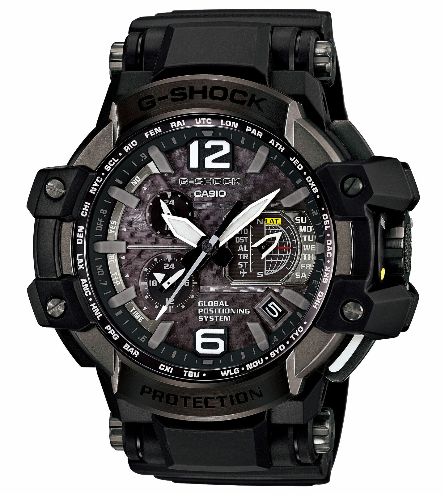Casio G-Shock GPW-1000-1B Casio G-Shock GPW-1000-1BНаручные часы<br>Представленная модель входит в коллекцию G-shock. Это настоящие мужские часы. Материал корпуса часов — сталь+пластик. Циферблат часов защищает сапфировое стекло. Часы этой модели обладают водозащитой 200 м. Циферблат модели содержит часы, минуты, секунды. В этой модели используются такие усложнения как дата, день недели, сложный календарь, второе поясное время, будильник, хронограф. Диаметр корпуса часов составляет 66x56мм.<br><br>Пол: Мужские<br>Страна-производитель: Япония<br>Механизм: Кварцевый<br>Материал корпуса: Сталь+пластик<br>Материал ремня/браслета: Пластик<br>Водозащита, диапазон: 200 - 800 м<br>Стекло: Сапфировое<br>Толщина корпуса: None<br>Стиль: Спорт