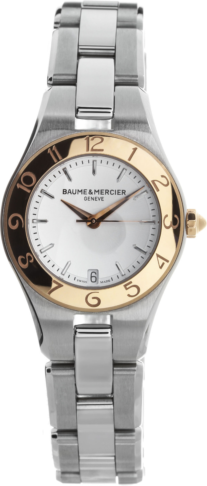 Baume&Mercier Linea MOA10014 Baume&Mercier Linea MOA10014Наручные часы<br>Швейцарские часы Baume&Mercier Linea MOA10014Представленная модель входит в коллекцию Linea. Это стильные Женские часы. Материал корпуса часов — Сталь+золото . Браслет — Сталь. Стекло - Сапфировое. Водозащита этих часов 50 м. Основной цвет циферблата Белый. Размер данной модели 27мм.<br><br>Пол: Женские<br>Страна-производитель: Швейцария<br>Механизм: Кварцевый<br>Материал корпуса: Сталь+золото<br>Материал ремня/браслета: Сталь<br>Водозащита, диапазон: 20 - 100 м<br>Стекло: Сапфировое<br>Толщина корпуса: None<br>Стиль: Классика