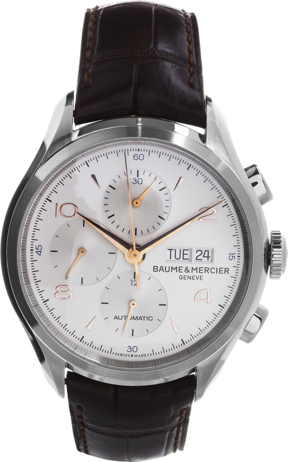 Baume&Mercier Clifton MOA10129 Baume&Mercier Clifton MOA10129Наручные часы<br>Швейцарские часы Baume&Mercier Clifton MOA10129 Данная модель входит в коллекцию Clifton. Это стильные Мужские часы. Материал корпуса часов — Сталь. Ремень — Кожа. Стекло - Сапфировое. Водозащита - 50 м. Основной цвет циферблата Белый. Циферблат часов содержит часы, минуты, секунды. В этих часах используются такие усложнения как дата, день недели, хронограф. Диаметр корпуса часов составляет 43мм.<br><br>Пол: Мужские<br>Страна-производитель: None<br>Механизм: Механический<br>Материал корпуса: Сталь<br>Материал ремня/браслета: Кожа<br>Водозащита, диапазон: None<br>Стекло: Сапфировое<br>Толщина корпуса: 15<br>Стиль: Спорт