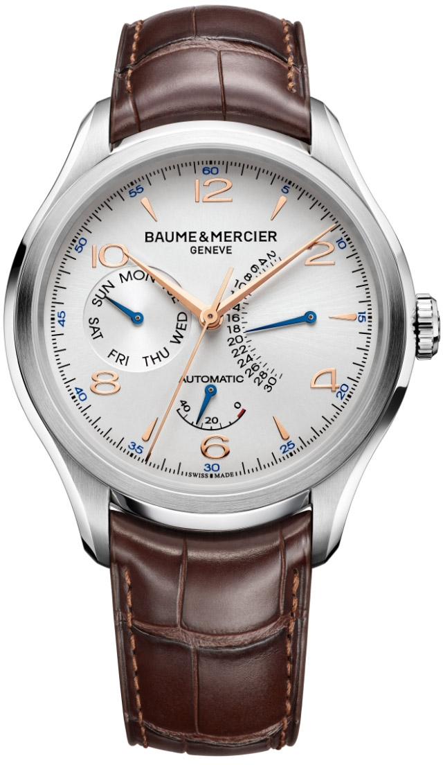 Baume&Mercier Clifton MOA10149 Baume&Mercier Clifton MOA10149Наручные часы<br>Швейцарские часы Baume&Mercier Clifton MOA10149 Модель входит в коллекцию Clifton. Это великолепные мужские часы. Материал корпуса часов — сталь. Ремень — кожа аллигатора. Циферблат часов серебристого цвета защищает сапфировое стекло. Водозащита - 50 м. Циферблат модели содержит часы, минуты, секунды. В этой модели используются такие усложнения как индикация даты, дня недели, а также индикатор запаса хода. Корпус часов в диаметре 43мм.<br><br>Пол: Мужские<br>Страна-производитель: None<br>Механизм: Механический<br>Материал корпуса: Сталь<br>Материал ремня/браслета: Кожа<br>Водозащита, диапазон: None<br>Стекло: Сапфировое<br>Толщина корпуса: None<br>Стиль: Классика