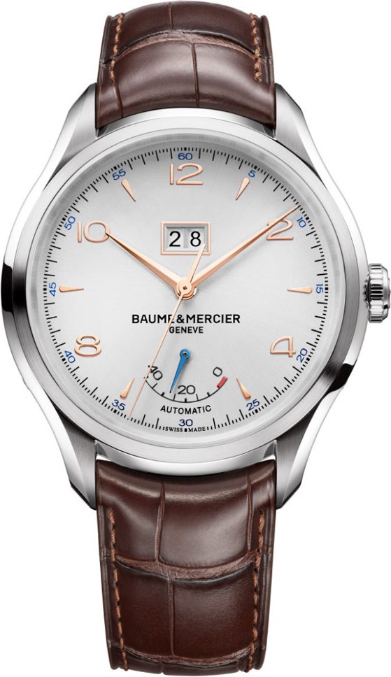 Baume&Mercier Clifton MOA10205 Baume&Mercier Clifton MOA10205Наручные часы<br>Часы Baume&Mercier Clifton MOA10205Данная модель представляет коллекцию Clifton. Мужские механические часы с модулем автоподзавода. Наравне со стандартными функциями в часах представлены такие усложения, как индикация даты Grand Guichet , а также индикатор запаса хода. Корпус диаметром 43 мм и толщиной 12,05 мм выполнен из стали. Ремешок из кожи аллигатора комплектуется клипсой. Задняя крышка прозрачная.<br><br>Пол: None<br>Страна-производитель: Швейцария<br>Механизм: Механический<br>Материал корпуса: Сталь<br>Материал ремня/браслета: Кожа<br>Водозащита, диапазон: 20 - 100 м<br>Стекло: Сапфировое<br>Толщина корпуса: 12,05 мм<br>Стиль: Классика