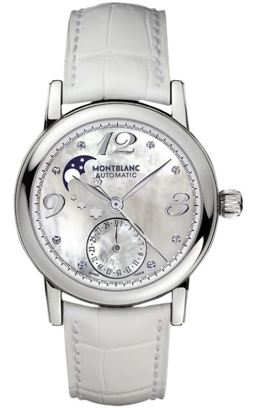 Montblanc STAR LADY MOONPHASE AUTOMATIC 103111 Montblanc STAR LADY MOONPHASE AUTOMATIC 103111Наручные часы<br>Швейцарские часы Montblanc STAR LADY MOONPHASE AUTOMATIC 103111Часы принадежат коллекции STAR LADY MOONPHASE AUTOMATIC . Это модные женские часы. Материал корпуса часов — сталь. Стекло - сапфировое. Водозащита этих часов 30 м.<br><br>Пол: Женские<br>Страна-производитель: Швейцария<br>Механизм: Механический<br>Материал корпуса: Сталь<br>Материал ремня/браслета: Кожа<br>Водозащита, диапазон: 20 - 100 м<br>Стекло: Сапфировое<br>Толщина корпуса: None<br>Стиль: None