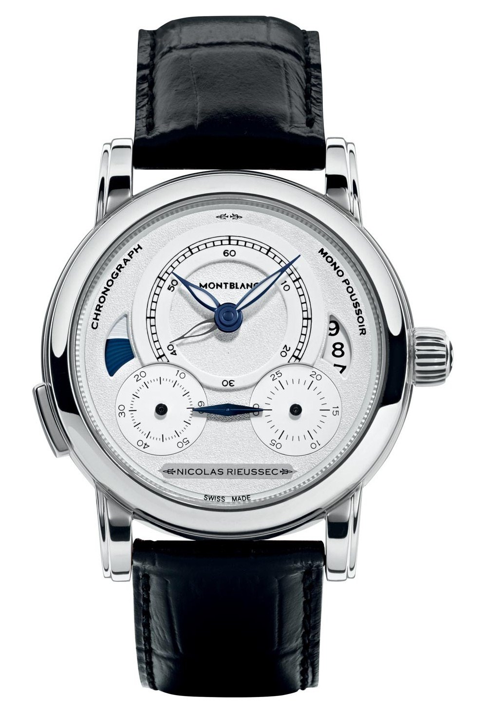 Montblanc Nicolas Rieussec 111012 Montblanc Nicolas Rieussec 111012Наручные часы<br>Швейцарские часы Montblanc Homage to Nicolas Rieussec 111012Хронограф Montblanc Homage to Nicolas Rieussec точно воспроизводит специфические особенности оригинального устройства 1821 года, записывавшего время в буквальном смысле этого слова, но в современном ключе, с применением новаторских материалов и технологий. Как и в случае с исторической моделью, время хронометража отображается при помощи двух вращающихся дисков и неподвижных стрелок, указывающих часы и минуты. В оформлении циферблата, разработанного Montblanc, используются невидимые в дневное время элементы Super-LumiNova, размещеные по периметру выполненной из керамики часовой шкалы. В темноте эти цифры становятся видимыми. Часовая и минутная стрелки, также со вставками Super-LumiNova, обеспечивают великолепную считываемость показаний в любое время суток. Хронограф Montblanc Homage to Nicolas Rieussec изготавливается в стенах Мануфактуры Montblanc и проходит сертификацию Montblanc 500 hours. Механизм - Montblanc MB R200 - однокнопочный хронограф с автоподзаводом, 28800 полуколебаний/час, 40 камней, около 72 часов запас хода. Диаметр корпуса - 42 мм. Ремешок из кожи аллигатора. Водозащита - 30 метров.<br><br>Пол: Мужские<br>Страна-производитель: Швейцария<br>Механизм: Механический<br>Материал корпуса: Сталь<br>Материал ремня/браслета: Кожа<br>Водозащита, диапазон: 20 - 100 м<br>Стекло: Сапфировое<br>Толщина корпуса: 14.8 мм<br>Стиль: Классика