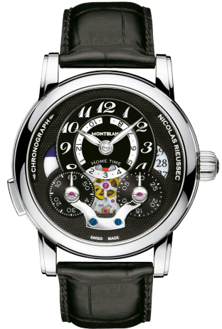 Montblanc Nicolas Rieussec 107070 Montblanc Nicolas Rieussec 107070Наручные часы<br>Швейцарские часы Montblanc Nicolas Rieussec Open Home Time 107070Однокнопочный хронограф Montblanc Nicolas Rieussec не только воздает дань уважения знаменитому часовому мастеру, но и позволяет по достоинству оценить революционное нововведение Николя Риуссека: диски секундного и минутного счетчиков вращаются под неподвижными стрелками. В модели Nicolas Rieussec Open Hometime в круглых апертурах на часовой шкале смещенного относительно центра циферблата текущего времени, с помощью частично скелетонизированного двенадцатичасового вращающегося диска отображается время во втором часовом поясе. При создании данной системы предпочтение было отдано индикации с помощью вращающегося диска. Сложное взаимодействие трех вращающихся дисков в часах, где циферблат является неотъемлемой частью механизма, представляет собой интересное техническое решение, которое легло в основу узнаваемого с первого взгляда дизайна часов. Корпус из нержавеющей стали. Черный гильошированный циферблат с узорами ячменное зерно. Выпуклое сапфировое с двойным антибликовым покрытием. Механизм - Montblanc MB R210 - однокнопочный хронограф с автоподзаводом, 28800 полуколебаний/час, 40 камней, около 72 часов запас хода. Диаметр корпуса - 42 мм. Ремешок из кожи аллигатора. Водозащита - 30 метров.<br><br>Пол: Мужские<br>Страна-производитель: Швейцария<br>Механизм: Механический<br>Материал корпуса: Сталь<br>Материал ремня/браслета: Кожа<br>Водозащита, диапазон: 20 - 100 м<br>Стекло: Сапфировое<br>Толщина корпуса: 15 мм<br>Стиль: Классика