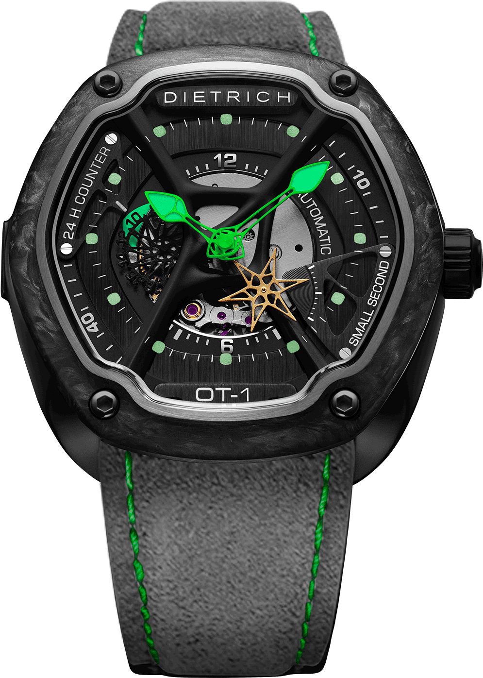 Dietrich OT-1.Carbon Dietrich OT-1.CarbonНаручные часы<br>Швейцарские часы Dietrich OT-1.CarbonМодифицированный автоматический механизм Miyota 82 S-7Карбоновый безель, корпус изготовлен из нержавеющей антиаллергенной стали 316L с PVD-покрытием черного цвета4-слойный циферблатСветящееся в темноте покрытие «Super-Luminova» на стрелках и указателях, расположенных под сапфировым стеклом, и индикаторе сутокЗаводная головка закреплена двойным уплотнительным кольцомPVD-покрытие, стальные шестигранные винты на ободке и гравированная задняя панель<br><br>Пол: Мужские<br>Страна-производитель: Швейцария<br>Механизм: Механический<br>Материал корпуса: Сталь<br>Материал ремня/браслета: Кожа<br>Водозащита, диапазон: None<br>Стекло: Сапфировое<br>Толщина корпуса: None<br>Стиль: None