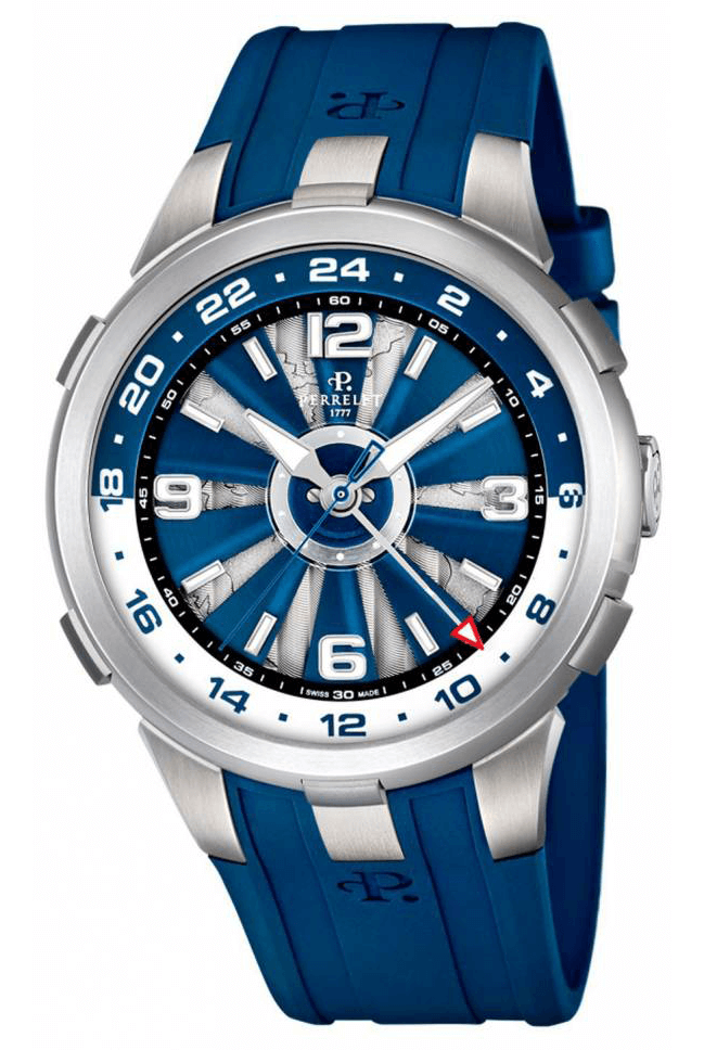 Perrelet TURBINE GMT A1092/1 Perrelet TURBINE GMT A1092/1Наручные часы<br>Швейцарские часы Perrelet TURBINE GMT A1092/1Коллекция Turbine GMT от Perrelet приглашает отправиться в дальние странствия. С каждым движением запястья 10-лопастная турбина свободно вращается над циферблатом, открывая взорам карту мира с декором Côtes de Genève. Модели Turbine GMT с функцией второго часового пояса в 24-часовом формате объединяют в себе часовое усложнение и легендарную турбину, в очередной раз демонстрируя поистине неисчерпаемые возможности этой знаковой коллекции. Часы Turbine GMT станут идеальным подарком для любителей спорта и путешествий. Корпус часов вогнутой формы, средняя часть корпуса из титана, безель и задняя крушка из стали с черным PVD покрытием, интегрированная заводная головка. Механизм - P 401 - механика с автоподзаводом, 28800 полуколебаний/час, 25 камней, запас хода 42 часа. Циферблат защищает сапфировое стекло с двусторонним антибликовым покрытием. Водозащита - 50 м. Ремень - синий каучук. Диаметр корпуса - 44 мм.<br><br>Пол: Мужские<br>Страна-производитель: Швейцария<br>Механизм: Механический<br>Материал корпуса: Сталь<br>Материал ремня/браслета: Каучук<br>Водозащита, диапазон: 20 - 100 м<br>Стекло: Сапфировое<br>Толщина корпуса: 13,30 мм<br>Стиль: Спорт