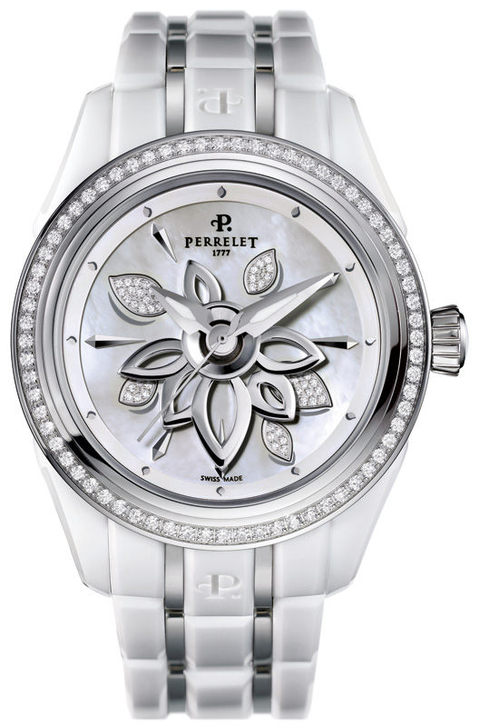 Perrelet White Diamond Flower A2040/AP Perrelet White Diamond Flower A2040/APНаручные часы<br>Швейцарские часы Perrelet White Ceramic Diamond Flower A2040/APЧасы входят в модельный ряд коллекции White Ceramic Diamond Flower. Это модные женские часы. Материал корпуса часов — керамика. Циферблат часов защищает сапфировое стекло. Водозащита этой модели 50 м. Диаметр корпуса данной модели 40мм. Блеск модели придаёт наличие бриллиантов.<br><br>Пол: Женские<br>Страна-производитель: Швейцария<br>Механизм: Механический<br>Материал корпуса: Керамика<br>Материал ремня/браслета: Керамика<br>Водозащита, диапазон: 20 - 100 м<br>Стекло: Сапфировое<br>Толщина корпуса: 12,5 мм<br>Стиль: Мода