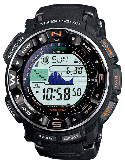 Casio Pro Trek PRW-2500-1E Casio Pro Trek PRW-2500-1EНаручные часы<br>Японские часы Casio Pro Trek PRW-2500-1E Уже более двух десятков лет в рамках серии Pro Trek Casio представляет многофункциональные устройства для любителей активного отдыха и приключений. Сочетание технологичности, прочности и современного дизайна делает часы Pro Trek идеальным спутником, где бы вы не находились. Они будут надежным партнером при покорении горных вершин, преодолении водных препятствий или ориентировании в лесу. Модель Casio PRW-2500-1E обладает рядом характерных функций, присущих серии Pro Trek, таких как: цифровой компас, высотомер, термометр и барометр. Дополнительными преимуществами служат наличие технологии радиосинхронизации Multiband 6, индикатора приливов и отливов, а также специальный таймер для яхты, который оценят любители водного спорта. Водонепроницаемость модели до 200 м (20 АТМ) тоже будет для них ощутимым плюсом. Ремешок часов изготовлен из полимерного материала, существует версия с титановым браслетом. Функции:Автоматическая подсветкаПрием радиосигнала калибровки (Европа, США, Япония, Китай)Дуплексный ЖК-дисплейЦифровой компасВысотометр 10,000 мГрафик набора высотыБарометр (260 / 1.100 hPa)Термометр (-10°C / +60°C)Отображение данных о фазе лунеДатчик приливов и отливовЯхт-таймер без функции автоматического повтораФункция мирового времениСекундомер - 1/100 сек. - 24 часаТаймер - 1/1 мин. - 1 час5 ежедневных будильниковВключение/выключение звука кнопокАвтоматический календарь12/24-часовое отображение времениСолнечная батарейкаИндикатор уровня заряда батарейки<br><br>Пол: Мужские<br>Страна-производитель: Япония<br>Механизм: Кварцевый<br>Материал корпуса: Алюминий+пластик<br>Материал ремня/браслета: Пластик<br>Водозащита, диапазон: None<br>Стекло: Минеральное<br>Толщина корпуса: 15 мм<br>Стиль: None