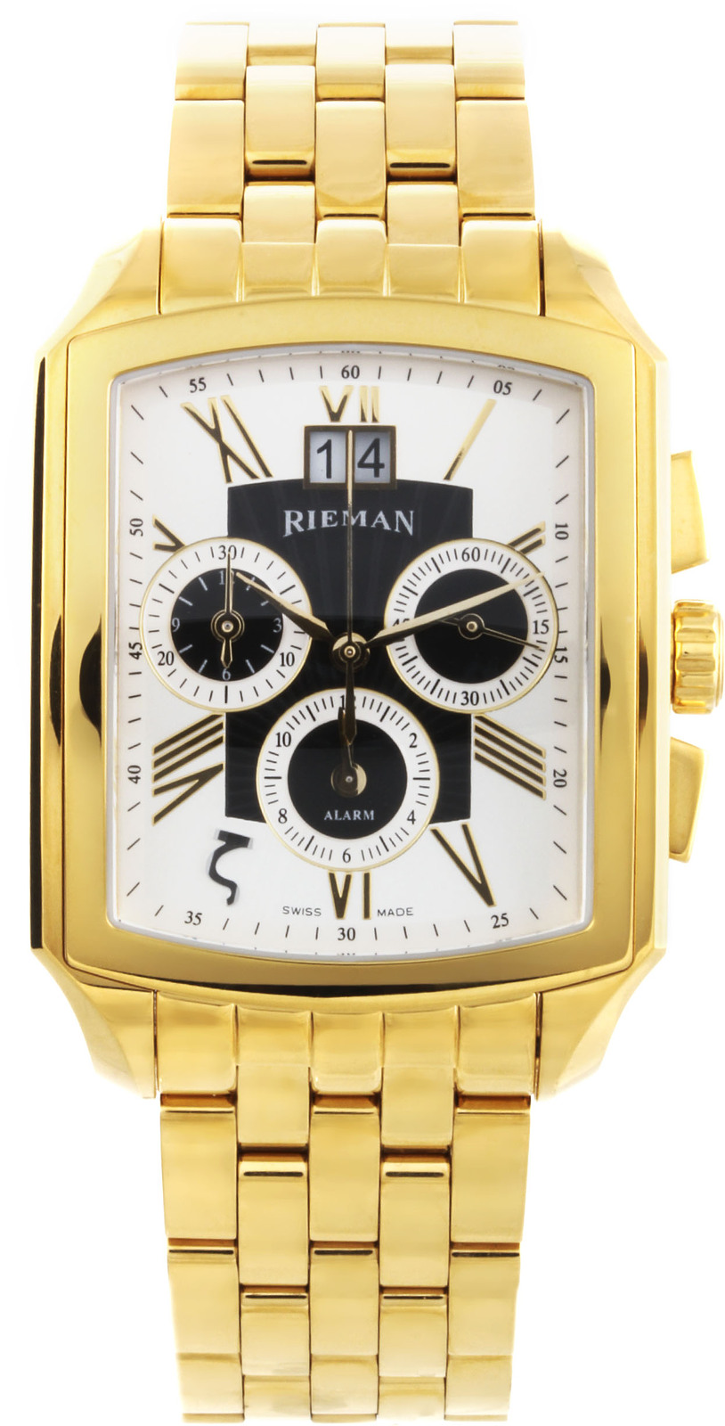 Rieman Chrono Integrale Alarm R2021.401.015 Rieman Chrono Integrale Alarm R2021.401.015Наручные часы<br>Швейцарские часы Rieman Chrono Integrale Alarm R2021.401.015Данная модель входит в коллекцию Chrono Integrale Alarm. Это настоящие мужские часы. Материал корпуса часов — сталь+золото. В этих часах используется сапфировое стекло. Водозащита этих часов 30 м. Основной цвет циферблата белый с черным. Из основных функций на циферблате представлены: часы, минуты, секунды. В данной модели используются следующие усложнения: дата, будильник, . Часы обладают корпусом 35х49.5мм.<br><br>Пол: Мужские<br>Страна-производитель: Швейцария<br>Механизм: Кварцевый<br>Материал корпуса: Сталь+Золото<br>Материал ремня/браслета: Сталь+Золото<br>Водозащита, диапазон: 20 - 100 м<br>Стекло: Сапфировое<br>Толщина корпуса: None<br>Стиль: Классика