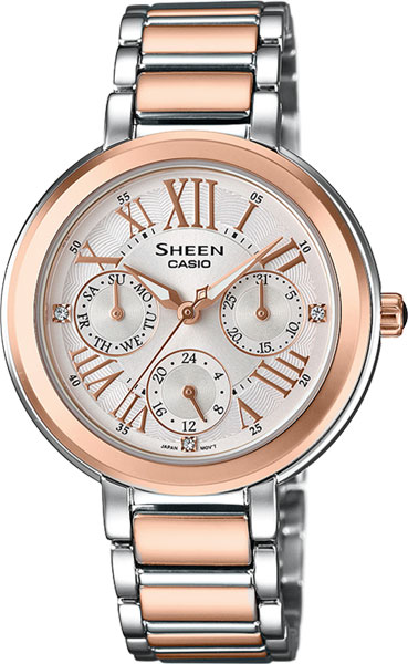 Casio Sheen SHE-3034SPG-7A Casio Sheen SHE-3034SPG-7AНаручные часы<br>Японские часы Casio Sheen SHE-3034SPG-7A<br><br>Пол: Женские<br>Страна-производитель: Япония<br>Механизм: Кварцевый<br>Материал корпуса: Сталь<br>Материал ремня/браслета: Сталь<br>Водозащита, диапазон: None<br>Стекло: Минеральное<br>Толщина корпуса: 8,6 мм<br>Стиль: None