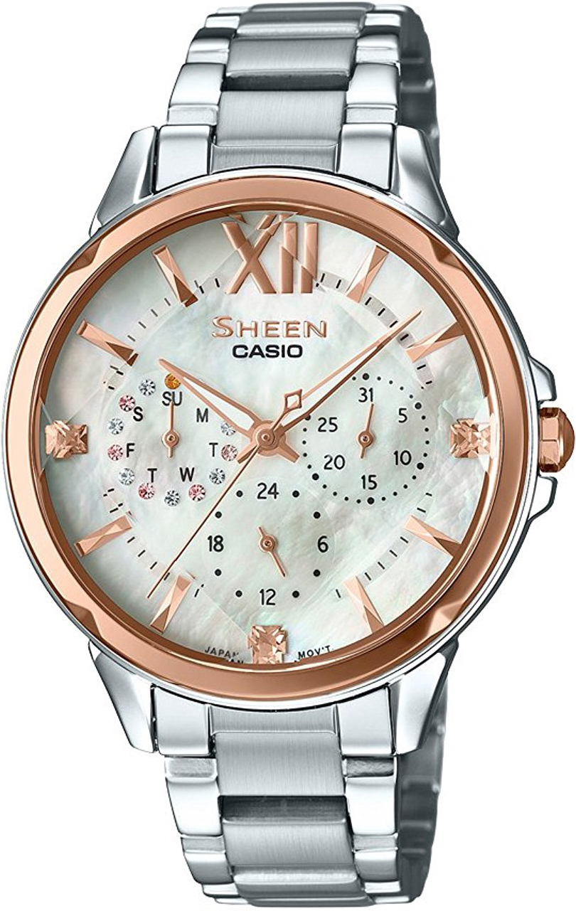 Casio Sheen SHE-3056SG-7A Casio Sheen SHE-3056SG-7AНаручные часы<br>Японские часы Casio Sheen SHE-3056SG-7A<br><br>Пол: Женские<br>Страна-производитель: Япония<br>Механизм: Кварцевый<br>Материал корпуса: Сталь<br>Материал ремня/браслета: Сталь<br>Водозащита, диапазон: None<br>Стекло: Минеральное<br>Толщина корпуса: 10,4 мм<br>Стиль: None