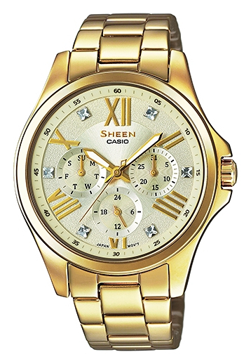 Casio Sheen SHE-3806GD-9A Casio Sheen SHE-3806GD-9AНаручные часы<br>Японские часы Casio Sheen SHE-3806GD-9A<br><br>Пол: Женские<br>Страна-производитель: Япония<br>Механизм: Кварцевый<br>Материал корпуса: Сталь<br>Материал ремня/браслета: Сталь<br>Водозащита, диапазон: None<br>Стекло: Минеральное<br>Толщина корпуса: None<br>Стиль: None