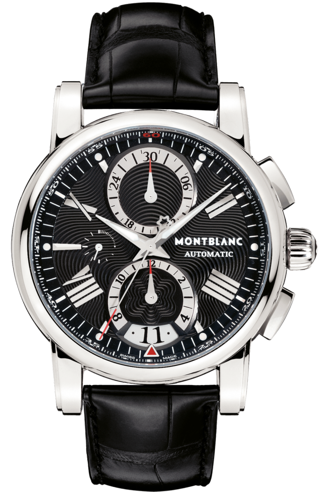 Montblanc Star 102377 Montblanc Star 102377Наручные часы<br>Швейцарские часы Montblanc Star Chronograph Automatic 102377Свойственное для создаваемых на мануфактуре Montblanc моделей гармоничное сочетание традиций и инноваций доведено в часах Star 4810 Chronograph Automatic до совершенства. Изысканные римские цифры идеально сочетаются с современным дизайном кнопок хронографа. Утонченная модель для современного джентльмена. Черный гильошированный циферблат с узорами ячменное зерно. Выпуклое сапфировое стекло с двойным антибликовым покрытием. Механизм - Montblanc MB 25.01 - механический с автоподзаводом, 28800 полуколебаний/час, 25 камней, около 46 часов запас хода. Диаметр корпуса - 44 мм. Ремешок из кожи аллигатора. Водозащита - 30 метров.<br><br>Пол: Мужские<br>Страна-производитель: Швейцария<br>Механизм: Механический<br>Материал корпуса: Сталь<br>Материал ремня/браслета: Кожа<br>Водозащита, диапазон: 20 - 100 м<br>Стекло: Сапфировое<br>Толщина корпуса: 14,5 мм<br>Стиль: None
