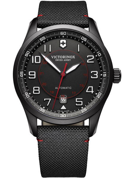 Victorinox Airboss 241720 Victorinox Airboss 241720Наручные часы<br>Швейцарские часы Victorinox Airboss 241720Мужские механические часы с модулем автоподзавода из коллекции Airboss. Корпус диаметром 43 мм выполнен из стали с покрытием PVD черного цвета. Часы комплектуются черным текстильным ремешком с клипсой. Водозащита 100 м. Задняя крышка прозрачная.<br><br>Для кого?: Мужские<br>Страна-производитель: Швейцария<br>Механизм: Механический<br>Материал корпуса: Сталь<br>Материал ремня/браслета: None<br>Водозащита, диапазон: 20 - 100 м<br>Стекло: Сапфировое<br>Толщина корпуса: 11 мм<br>Стиль: Классика