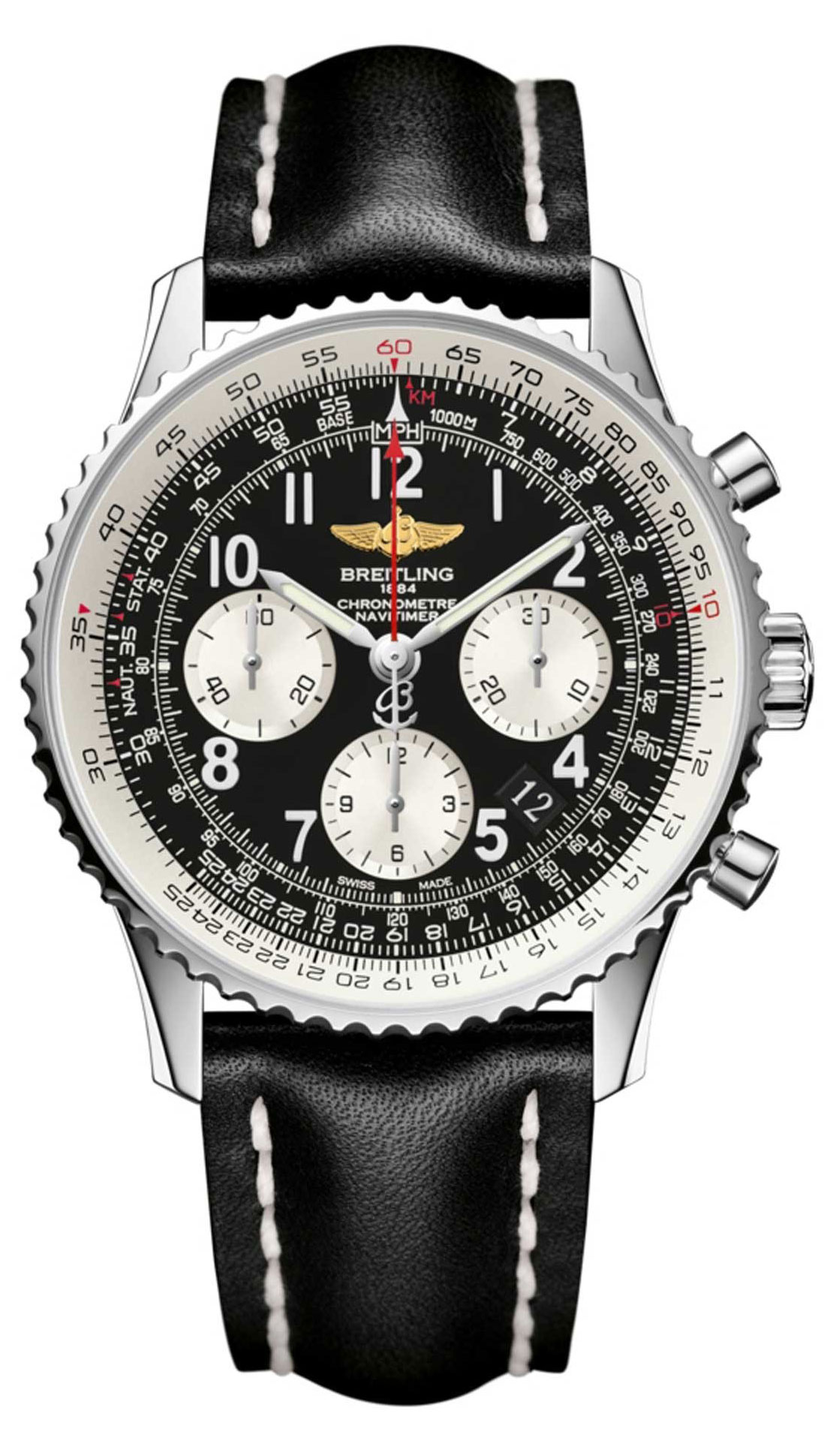 Breitling Navitimer AB012012/BB02/435X Breitling Navitimer AB012012/BB02/435XНаручные часы<br>Швейцарские часы Breitling Navitimer 01 AB012012/BB02/435XЭто больше, чем легенда: классические часы Navitimer, они стали первым наручным хронографом, побывавшим в космосе. Часы входят в коллекцию Navitimer 01, модель распознаётся сразу же благодаря вращающемуся в двух направлениях безелю с храповым механизмом, который даёт возможность легко воспользоваться знаменитой круглой логарифмической линейкой для авиаторов. Материал корпуса - нержавеющая сталь 316L. Механизм - Breitling B01 - первый мануфактурный (собственного производства) механизм компании Breitling, 28800 полуколебаний/час, 47 камней, сертифицированный хронометр C.O.S.C., быстрая корректировка даты, запас хода до 70 часов. Сапфировое стекло с двойным антибликовым покрытием. Водозащита - 30 м. Ремень - кожа теленка. Диаметр корпуса 43 мм.<br><br>Для кого?: Мужские<br>Страна-производитель: Швейцария<br>Механизм: Механический<br>Материал корпуса: Сталь<br>Материал ремня/браслета: Кожа<br>Водозащита, диапазон: 20 - 100 м<br>Стекло: Сапфировое<br>Толщина корпуса: 14,25 мм<br>Стиль: Классика