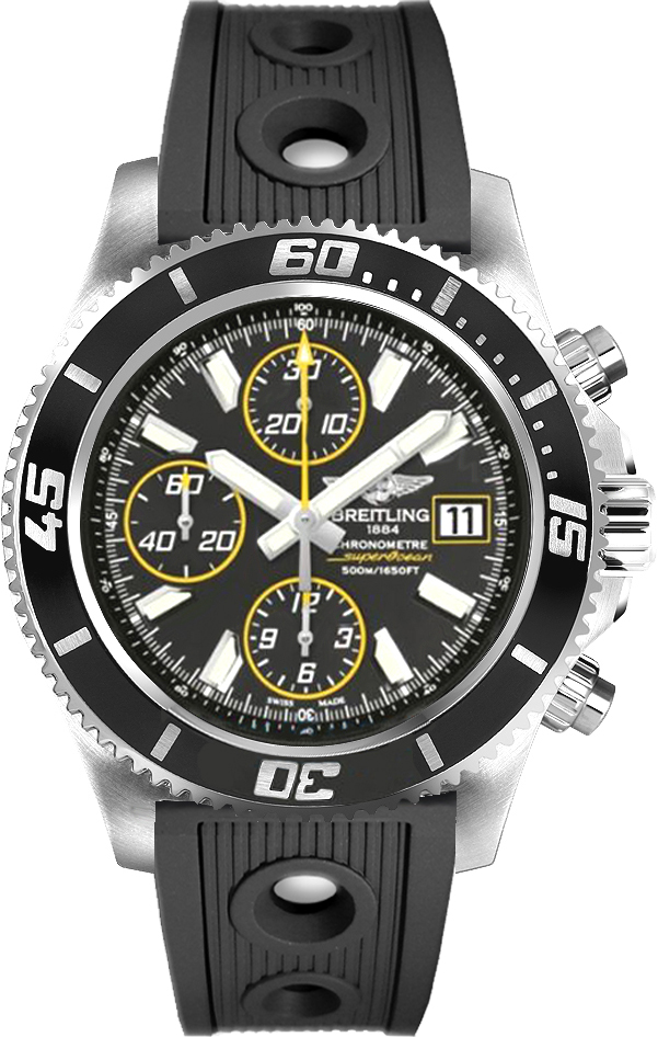 Breitling AEROMARINE A1334102/BA82/200S Breitling AEROMARINE A1334102/BA82/200SНаручные часы<br>Швейцарские часы Breitling Superocean Chronograph A1334102/BA82/200SЭта модель, представляющая собой хронограф в дизайне часов Superocean, сохраняет водонепроницаемость на глубине до 500 метров. В ней сочетается молодёжная, динамичная и современная внешняя отделка. Секундная стрелка, мини-окошко календаря и название модели выполнены с применением цветовых акцентов, создающих элегантный контраст с чёрным циферблатом, дающим превосходную возможность рассмотреть время. Особо прочный корпус снабжён заводной головкой с блокировкой и нажимными кнопками, воспользоваться которыми можно только, когда они не зафиксированы. Материал корпуса часов — нержавеющая сталь 316L. Механизм - Breitling 13 - механический хронограф с модулем автоподзавода, 28800 полуколебаний/час, 25 камней, сертифицированный хронометр C.O.S.C., запас хода мин. 42 часа. Сапфировое стекло с двойным антибликовым покрытием. Ремень - каучук с перфорацией. Диаметр корпуса - 44 мм.<br><br>Для кого?: Мужские<br>Страна-производитель: Швейцария<br>Механизм: Механический<br>Материал корпуса: Сталь<br>Материал ремня/браслета: Каучук<br>Водозащита, диапазон: 200 - 800 м<br>Стекло: Сапфировое<br>Толщина корпуса: 17,20 мм<br>Стиль: Спорт