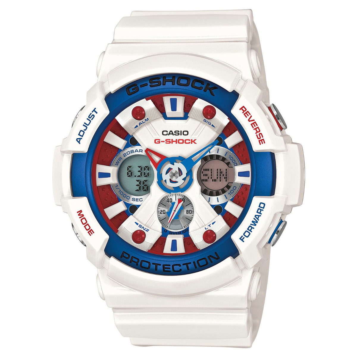 Casio G-shock G-Specials White Tricolor GA-201TR-7A Casio G-shock G-Specials White Tricolor GA-201TR-7AНаручные часы<br>Японские часы Casio G-shock G-Specials White Tricolor GA-201TR-7A<br><br>Для кого?: Мужские<br>Страна-производитель: Япония<br>Механизм: Кварцевый<br>Материал корпуса: Пластик<br>Материал ремня/браслета: Каучук<br>Водозащита, диапазон: None<br>Стекло: Минеральное<br>Толщина корпуса: 16,7 мм<br>Стиль: None