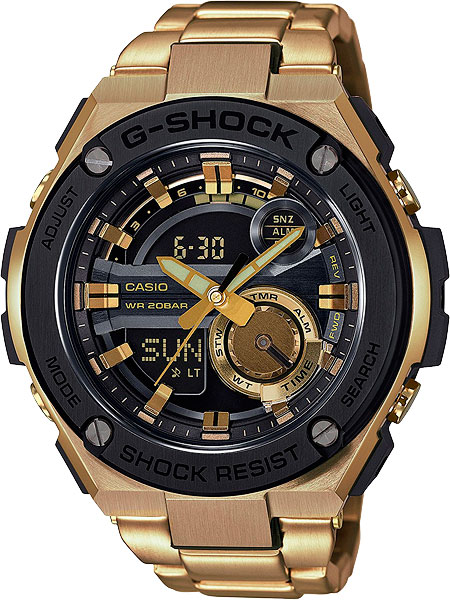 Casio G-shock GST-210GD-1A Casio G-shock GST-210GD-1AНаручные часы<br>Японские часы Casio G-shock GST-210GD-1A<br><br>Для кого?: Мужские<br>Страна-производитель: Япония<br>Механизм: Кварцевый<br>Материал корпуса: Сталь<br>Материал ремня/браслета: Сталь<br>Водозащита, диапазон: None<br>Стекло: Минеральное<br>Толщина корпуса: 16,1 мм<br>Стиль: None